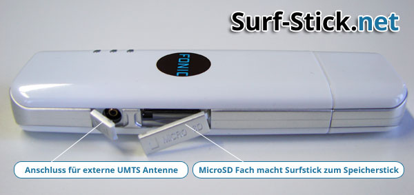 Fonic Surfstick - Details mit Antennenanschluß und Slot für MicroSD Speicherkarte