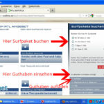 Startbildschirm im Browser am Beispiel des RTL Prepaid Surfstick. Hier können Sie Surfpakete buchen, das Guthaben einsehen oder Guthaben aufladen