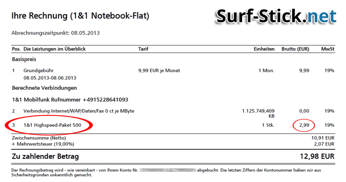 1&1 Rechnung - Datenvolumen nachbuchen